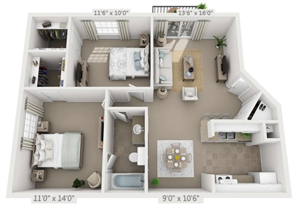 B1 - Two Bedroom / One Bath - 827 Sq.Ft.*