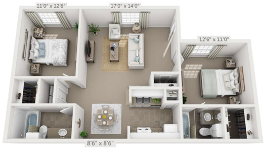 B2 - Two Bedroom / Two Bath - 888 Sq.Ft.*