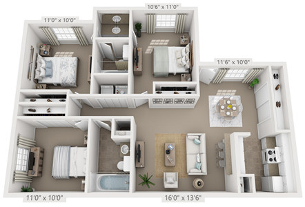 C2 - Three Bedroom / Two Bath - 1024 Sq.Ft.*